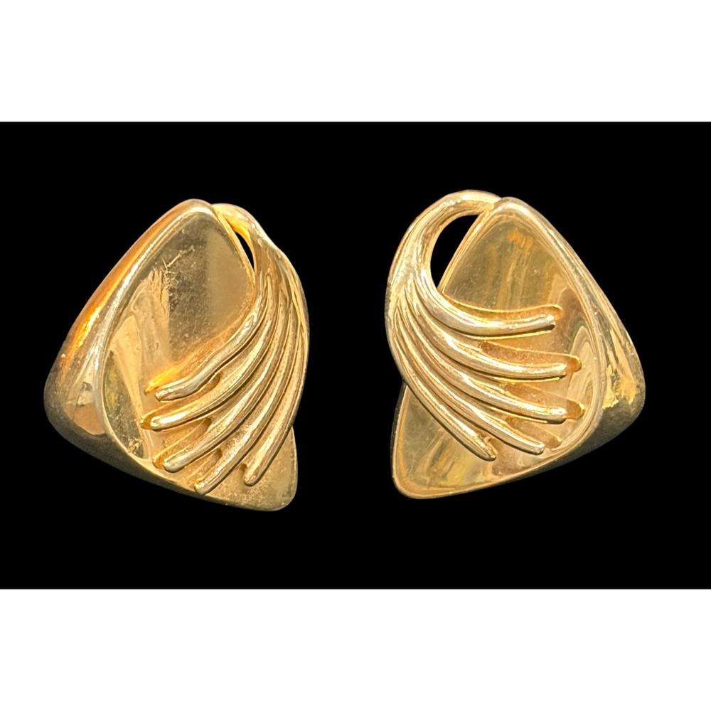 Vintage 1980s Gold Tone Geometric Clip On Earrings Statement Chunky Triangle
